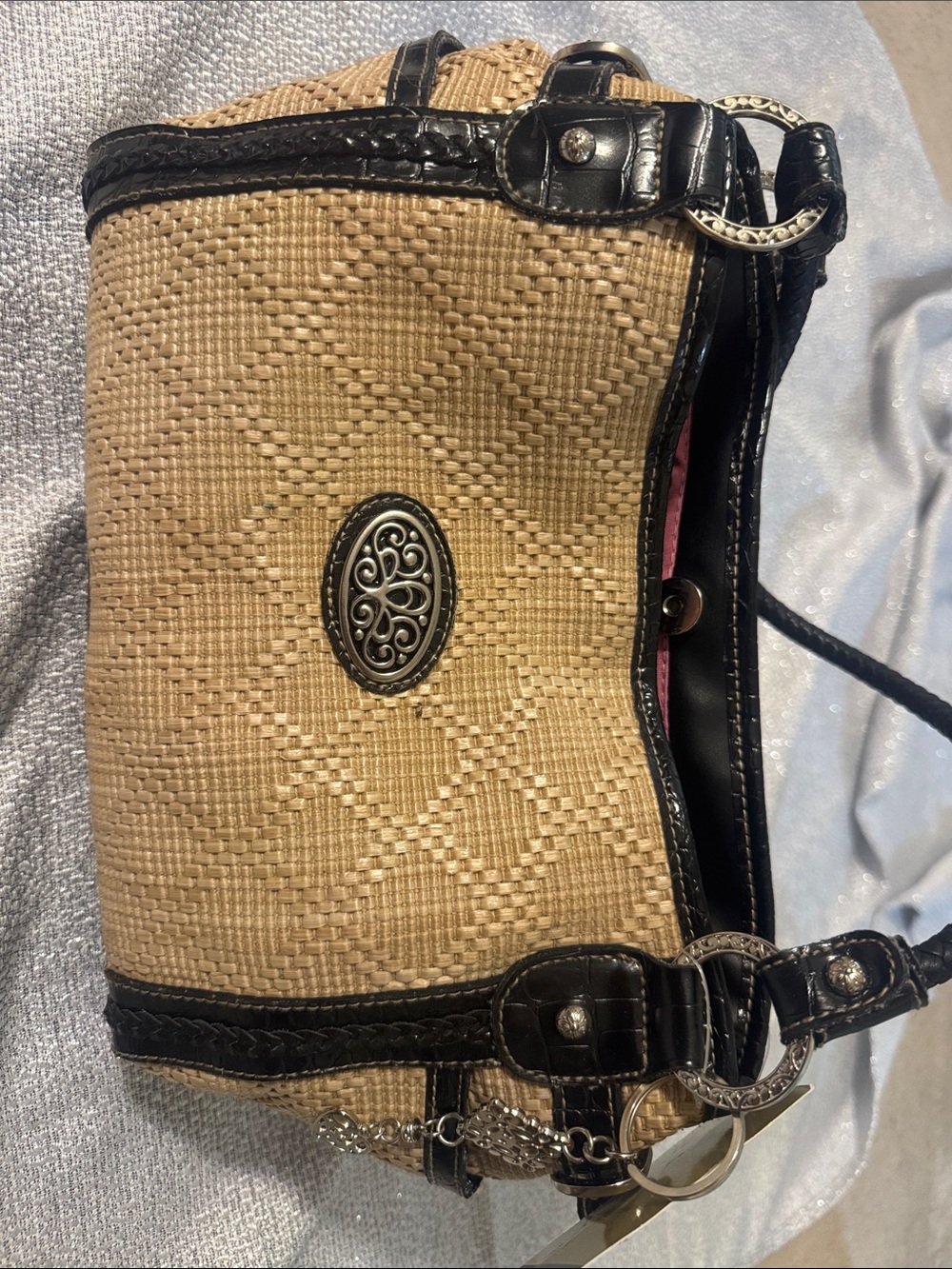 Strada Woven Straw Mini Shoulder Bag Black Patent Trim NWT